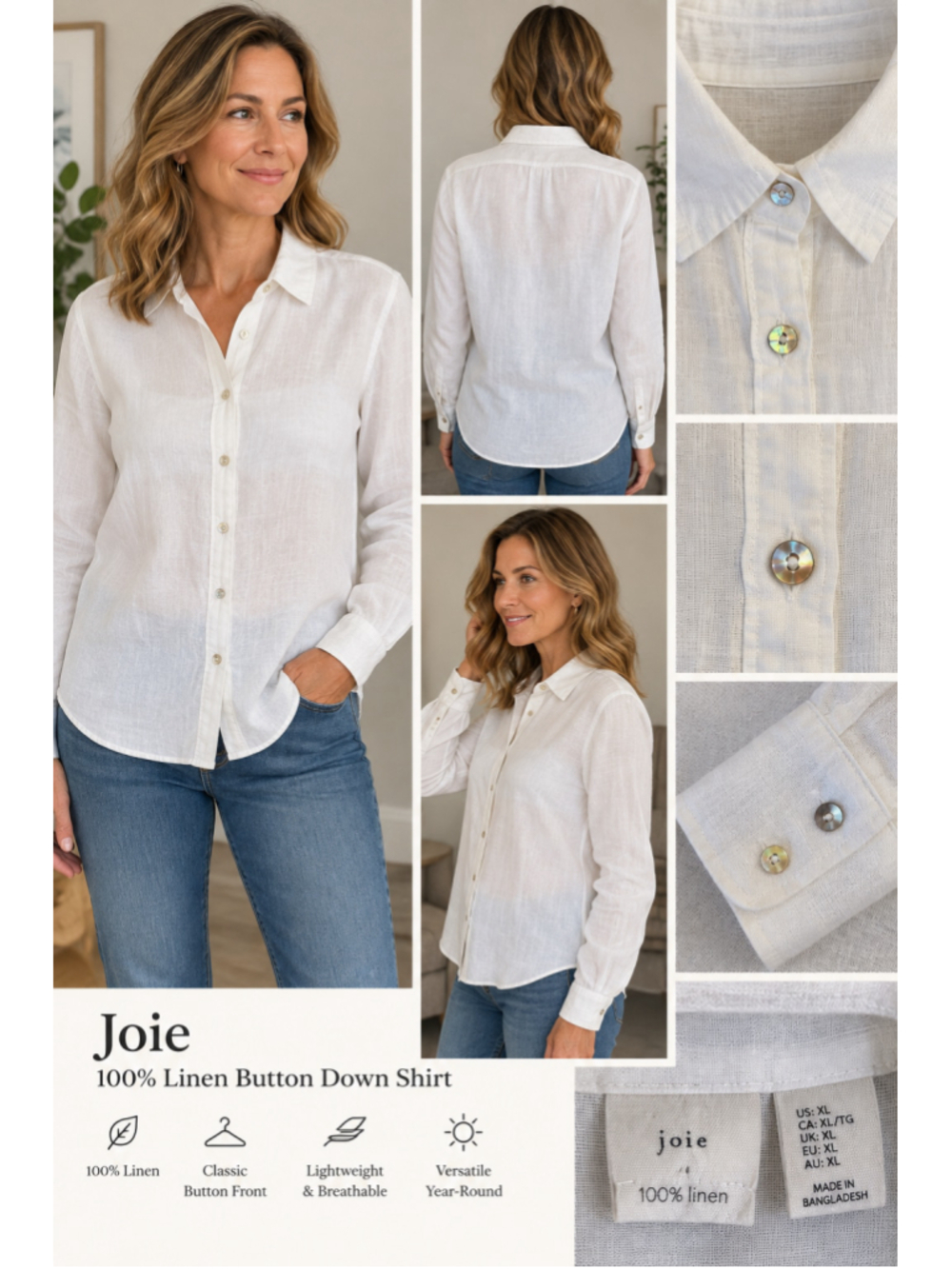 Women's Joie 100% Linen Button Down Shirt White XL